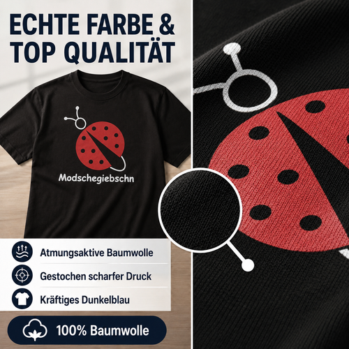 T-Shirt "Modschegiebschn" schwarz mit rot-weißem Aufdruck – 100% Baumwolle – Unisex gerader Schnitt