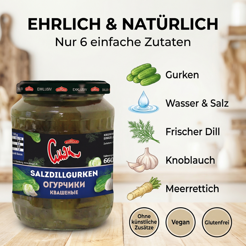 CMAK Salzdillgurken 660 g – Krumme Gurken in Salzlake nach osteuropäischer Art, mit frischem Dillgeschmack; Abtropfgewicht: 370g