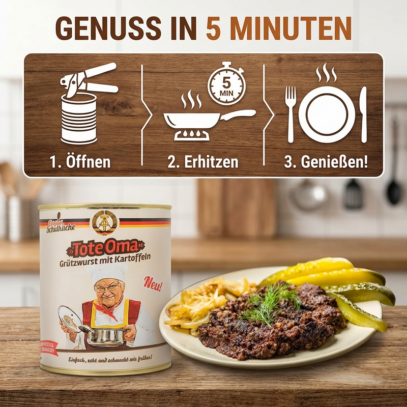 Tote Oma 800g - Grützwurst mit Kartoffeln im Kessel zubereitet - Original DDR Schulküche