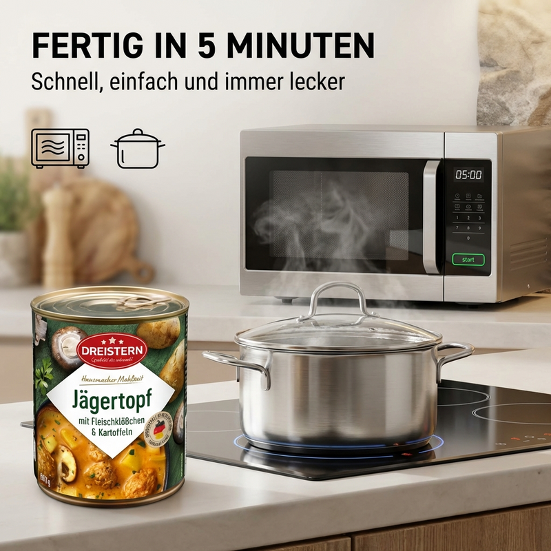 Dreistern Jägertopf 800g – Deftiger Eintopf mit Fleischklößchen, Kartoffeln & Champignons in würziger Jägersoße – Hausmacher Qualität, schnell zubereitet & lange haltbar
