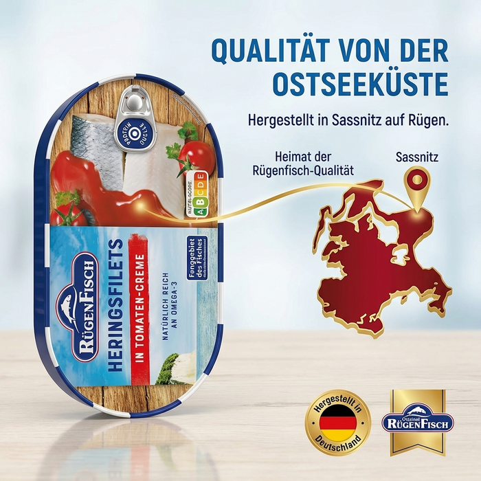 RügenFisch Heringsfilets in Tomaten-Creme 200 g – ohne Geschmacksverstärker - hohe Proteinquelle - Omega 3