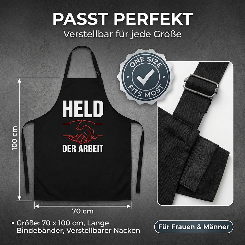 Koch- & Grillschürze „Held der Arbeit“, schwarz, 70×100 cm, Twill-Gewebe, mit zwei Taschen