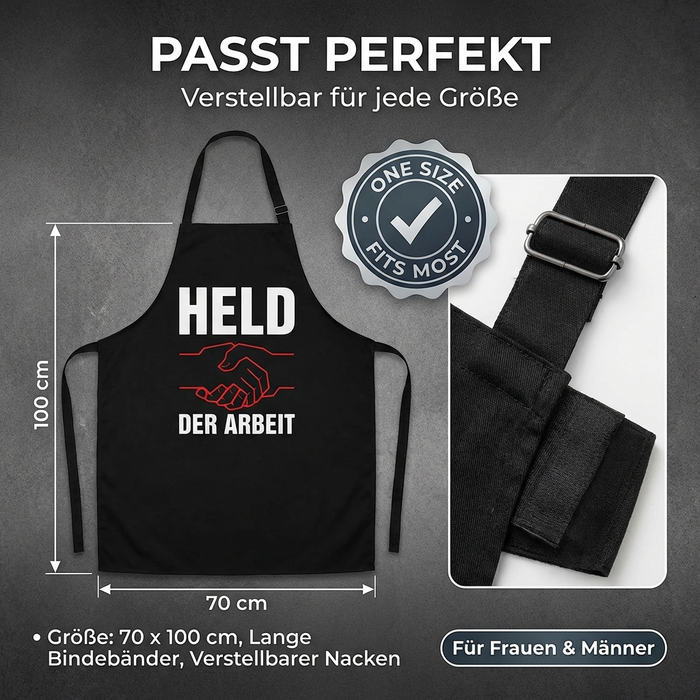 Koch- & Grillschürze „Held der Arbeit“, schwarz, 70×100 cm, Twill-Gewebe, mit zwei Taschen