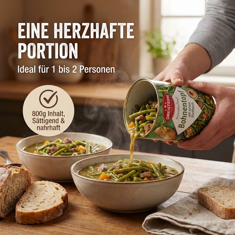 Dreistern Bohnentopf mit zartem Rindfleisch - Hausgemachter Eintopf grüne Bohnen - kurz erhitzen - fertig 800g