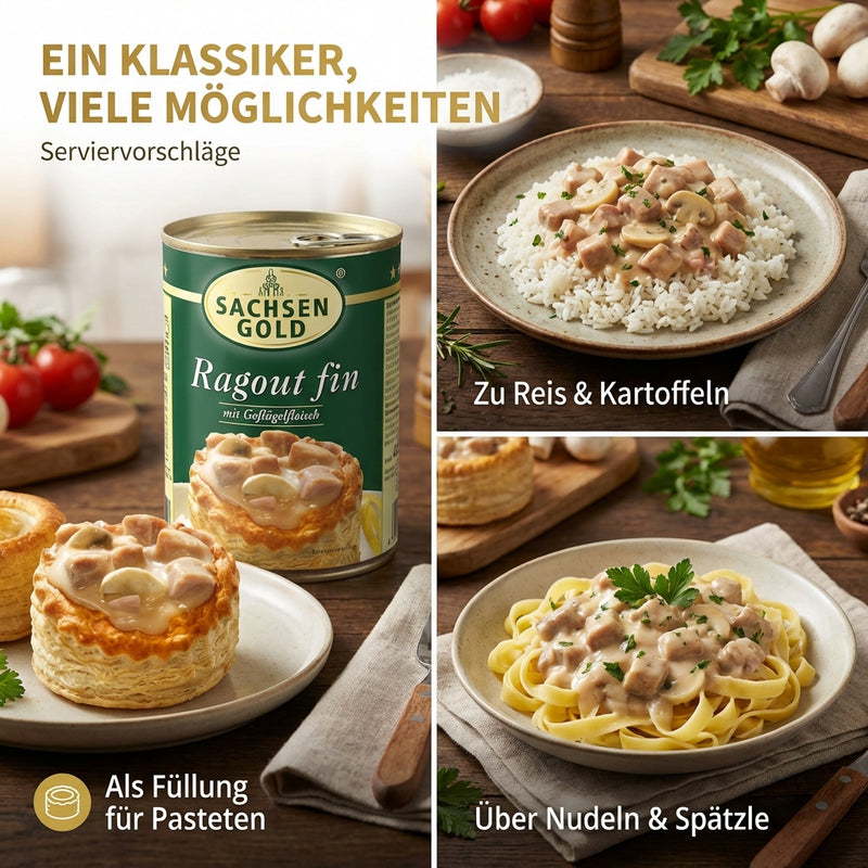 Sachsen Gold Ragout Fin 400 g mit Geflügelfleisch in feiner, würziger Sauce - einfach erhitzen & essen