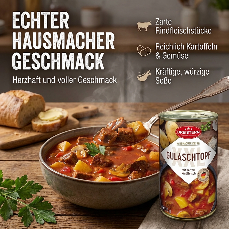 DREISTERN herzhafte Gulaschtopf 1200g – XXL Fertiggericht mit Rindfleisch & Kartoffeln – Herzhafter Eintopf – Hausmacher Qualität, lange haltbar & schnell zubereitet
