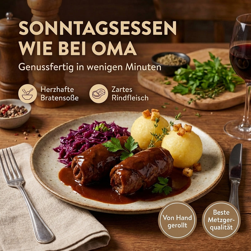 Dreistern Gourmet Rinderrouladen 500g – 2 handgerollte Rouladen mit klassischer Füllung in pikanter Bratensauce – Hausmacher Qualität, schnell zubereitet & lange haltbar