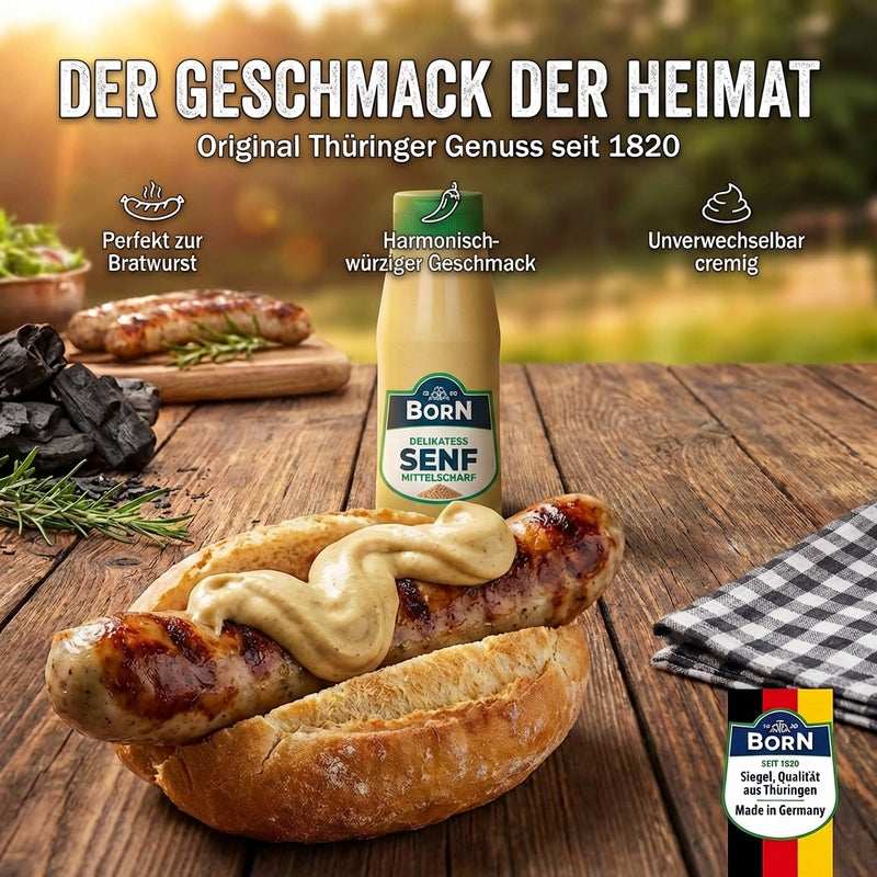 Born Delikatess-Senf mittelscharf 300ml Dosierflasche -  ohne Zusatz von Farb- und Konservierungsstoffen