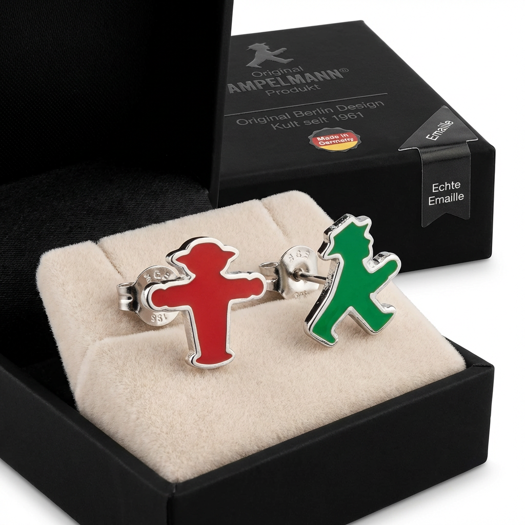 Rot-Grüne Ampelmann-Ohrstecker aus feinster Softemaille und versilbertem Kupfer veredelt, 1 cm Größe in Geschenkbox