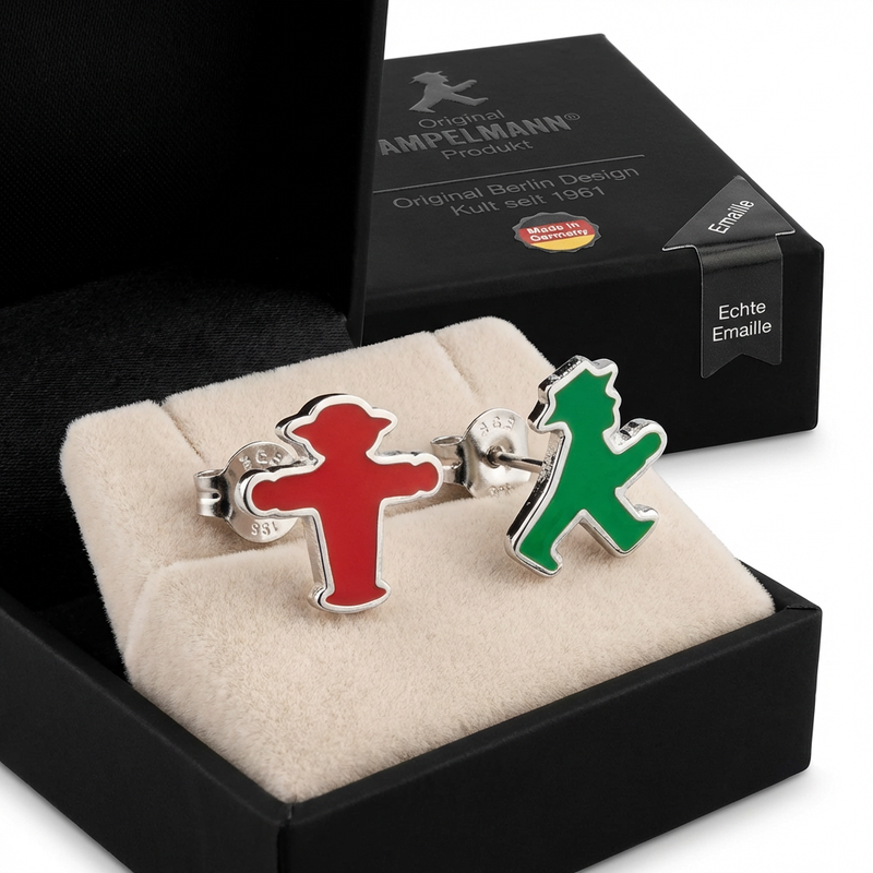 Rot-Grüne Ampelmann-Ohrstecker aus feinster Softemaille und versilbertem Kupfer veredelt, 1 cm Größe in Geschenkbox