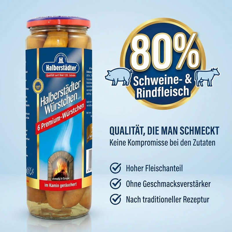 Halberstädter Premium-Würstchen im Glas 300g (6 x 50g) – im Kamin geräuchert einmalig in Europa