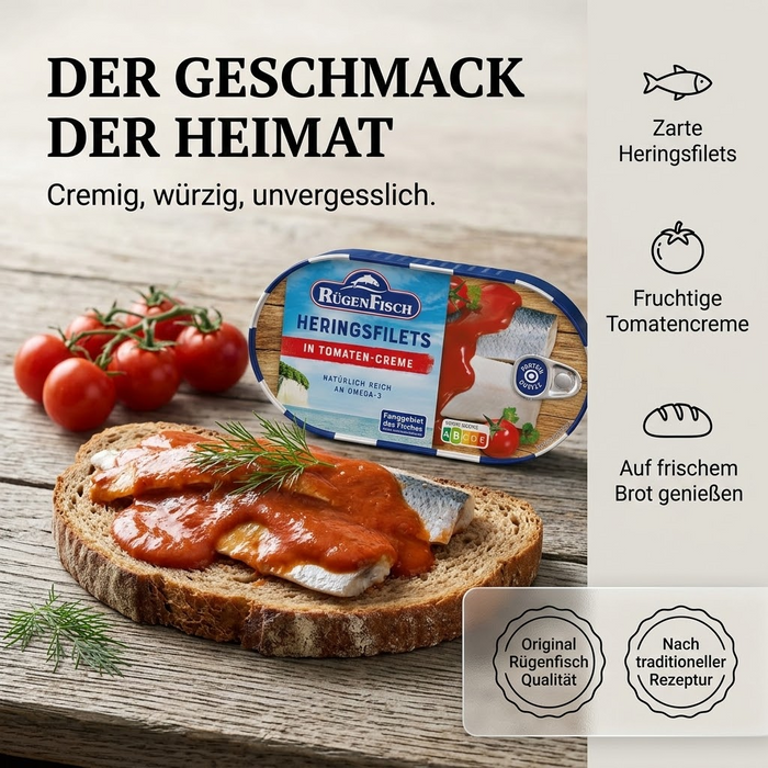 RügenFisch Heringsfilets in Tomaten-Creme 200 g – ohne Geschmacksverstärker - hohe Proteinquelle - Omega 3