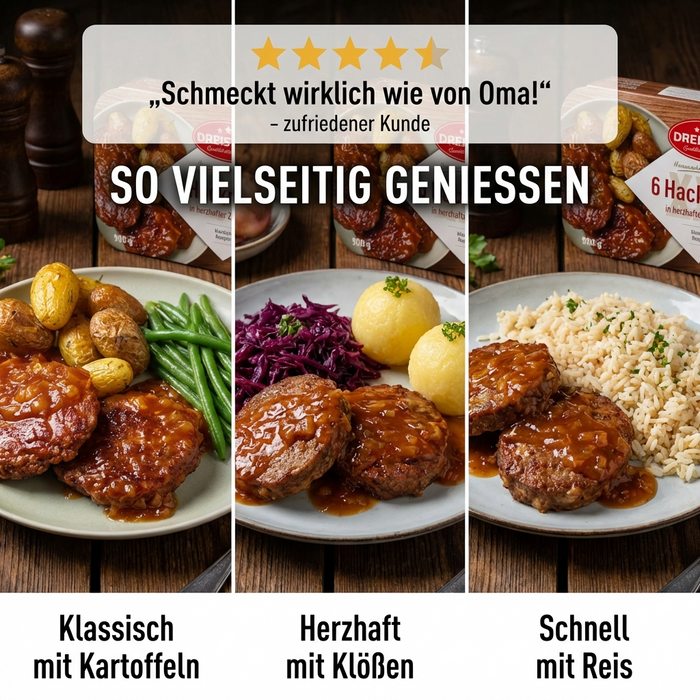 Dreistern Hackbraten 900g – 6 Stück in würziger Zwiebelsauce – Herzhaftes Fertiggericht in Mikrowellenschale, lange haltbar & schnell serviert in Hausmacher Qualität
