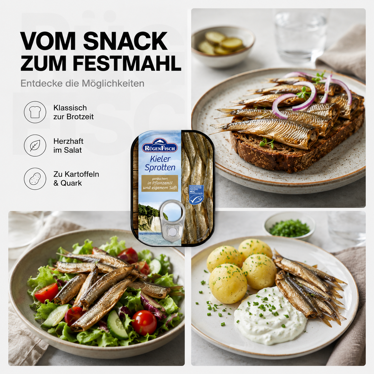 RügenFisch Kieler Sprotten in Pflanzenöl – Geräucherte Sprotten, handverlesen, MSC-zertifiziert 106g