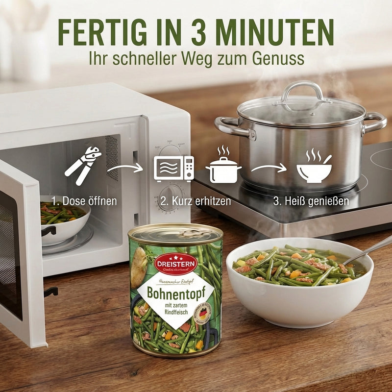 Dreistern Bohnentopf mit zartem Rindfleisch - Hausgemachter Eintopf grüne Bohnen - kurz erhitzen - fertig 800g