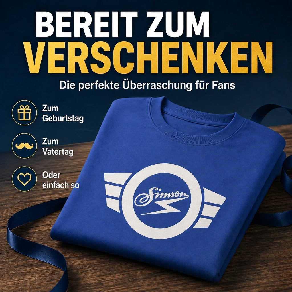 T-Shirt "Simson" blau mit weißem Simson-Logo & -Schriftzug - Unisex klassischer Schnitt - 100% Baumwolle