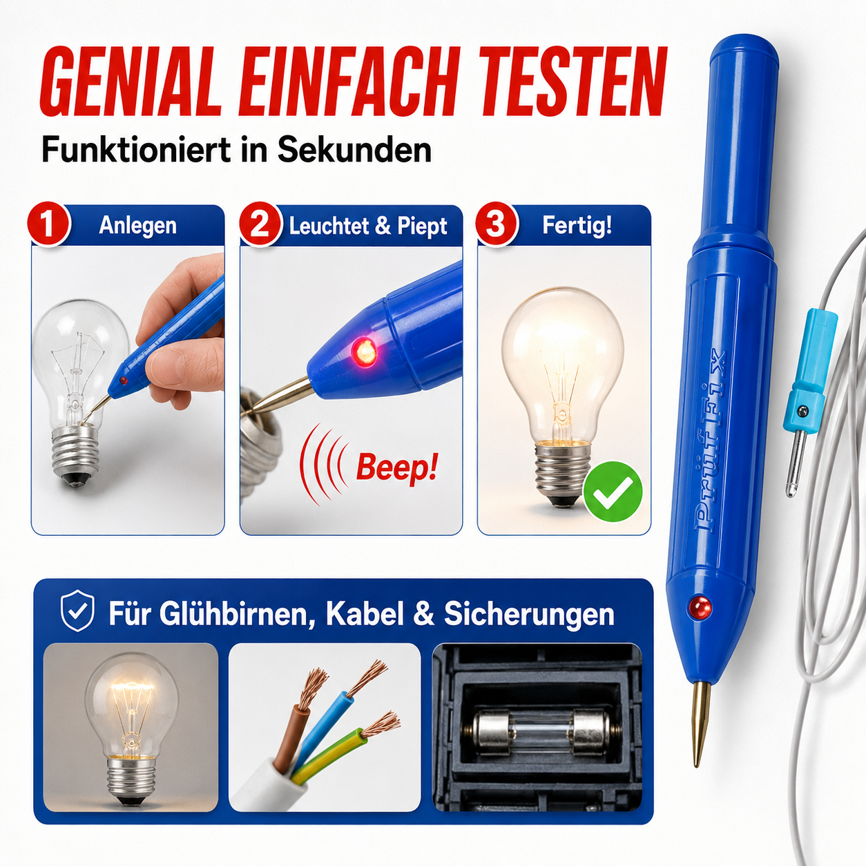 PrüfFix Durchgangsprüfer mit Kabel und Klemmen