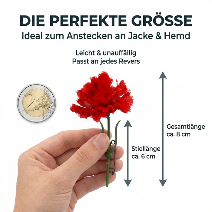 Nelke mit Sicherheitsnadel - rote Seide - zum 1. Mai, Muttertag, Frauentag