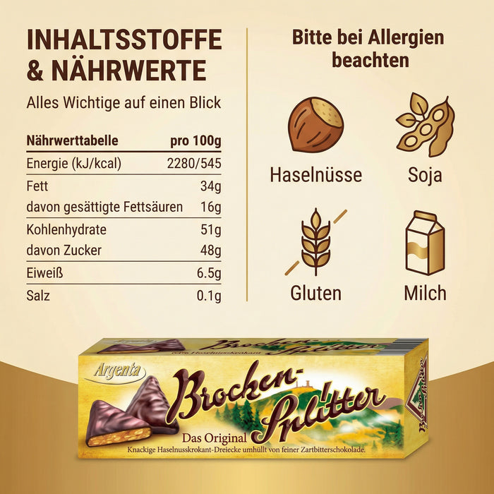 Argenta Brockensplitter mit Haselnuss – Knuspergenuss in Zartbitterform, 62,5 g