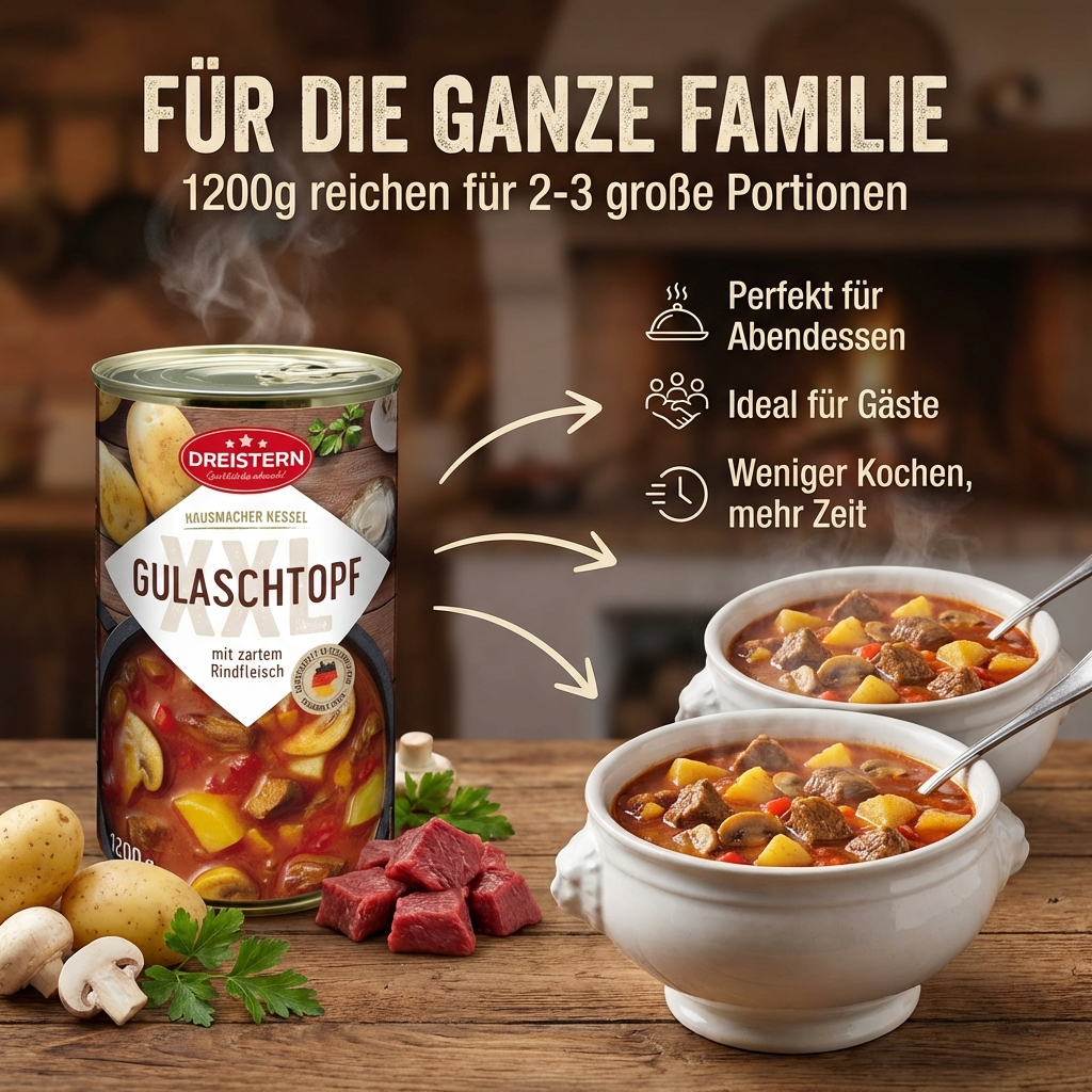DREISTERN herzhafte Gulaschtopf 1200g – XXL Fertiggericht mit Rindfleisch & Kartoffeln – Herzhafter Eintopf – Hausmacher Qualität, lange haltbar & schnell zubereitet