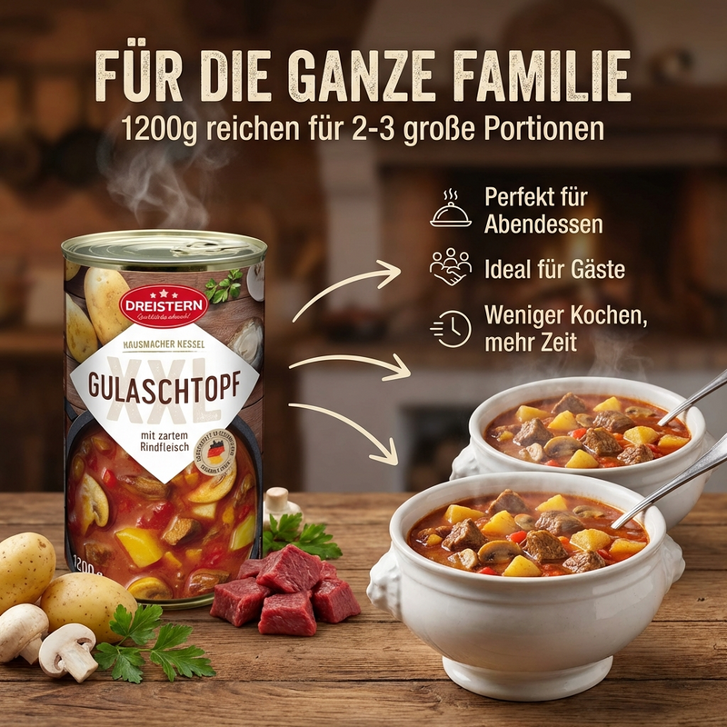 DREISTERN herzhafte Gulaschtopf 1200g – XXL Fertiggericht mit Rindfleisch & Kartoffeln – Herzhafter Eintopf – Hausmacher Qualität, lange haltbar & schnell zubereitet