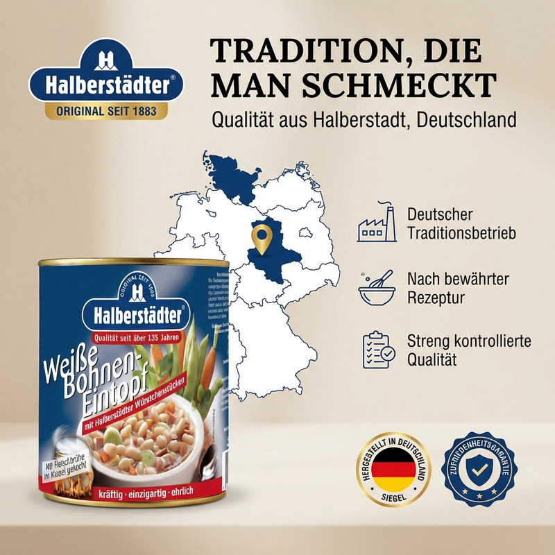 Halberstädter Weiße Bohnen Eintopf/Suppe 800 g Dose – mit Fleischbrühe im Kessel gekocht, mit Halberstädter Würstchenstücken, Gemüse & Kartoffeln