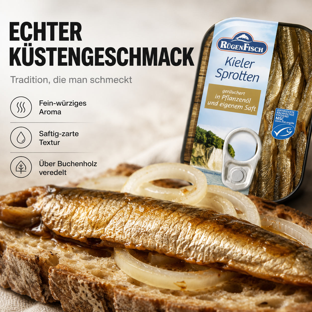 RügenFisch Kieler Sprotten in Pflanzenöl – Geräucherte Sprotten, handverlesen, MSC-zertifiziert 106g