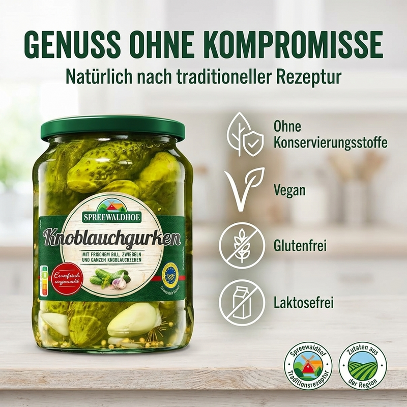 Spreewaldhof Knoblauchgurken aus dem Spreewald - erntefrisch eingemacht mit ganzen Knoblauchzehen - vegan & laktose- & glutenfrei 360g