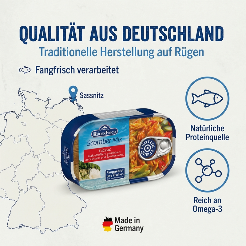 RügenFisch Scomber Mix Classic 120 g – Zerkleinerte Makrelenfilets mit Gemüse und fruchtigem Tomatenmark, proteinreich
