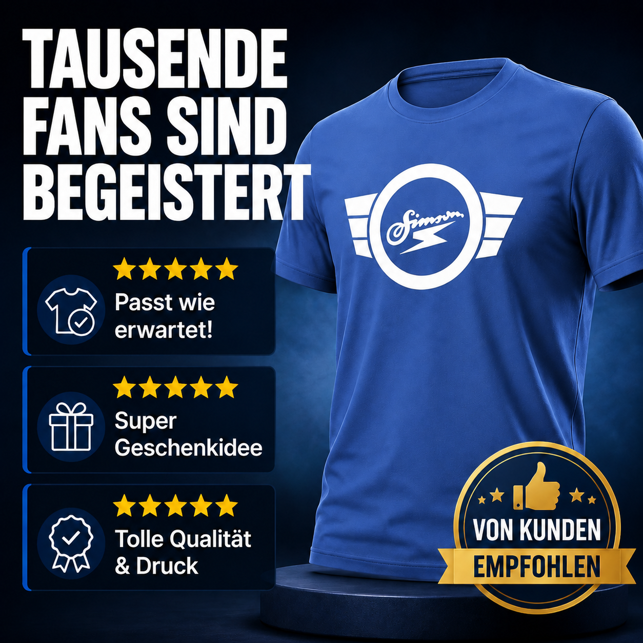 T-Shirt "Simson" blau mit weißem Simson-Logo & -Schriftzug - Unisex klassischer Schnitt - 100% Baumwolle