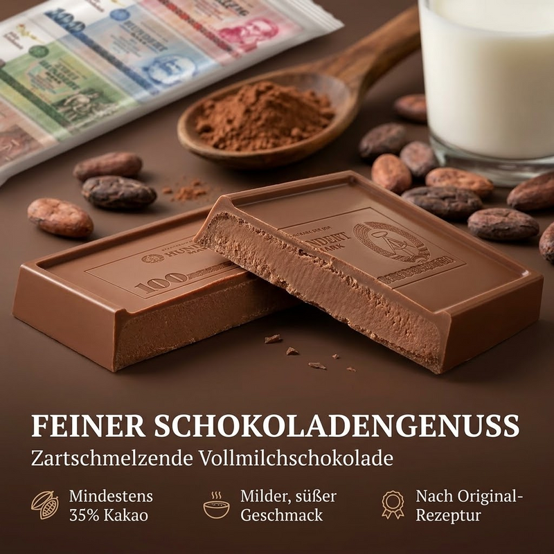 4 Vollmilch-Schokolade-Täfelchen (DDR-Geldscheine)