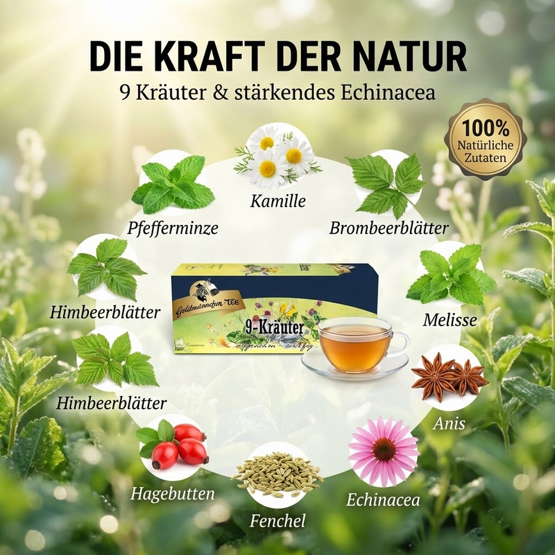 Goldmännchen Tee 9-Kräuter mit Echinacea – Kräutertee, 20 Teebeutel - angenehm würzig