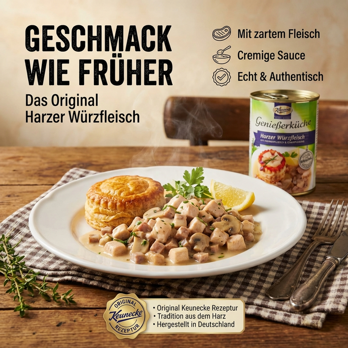 Keunecke Würzfleisch feiner Genuss mit Hühnerfleisch und Champignon - einfach erwärmen und genießen - 400g