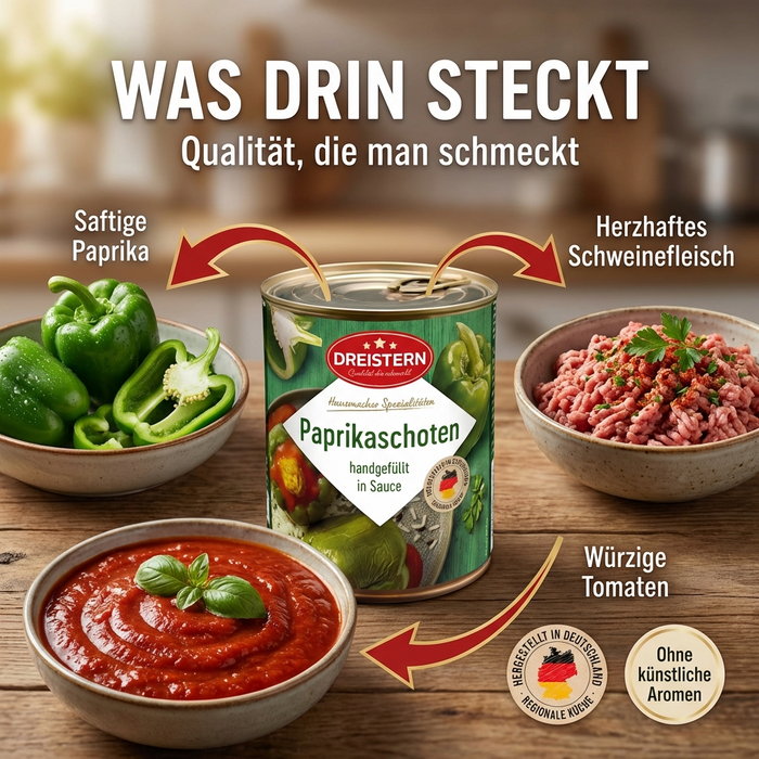 Dreistern 2 Paprikaschoten mit feiner Fleischfüllung 800g - handgefüllt in Sauce