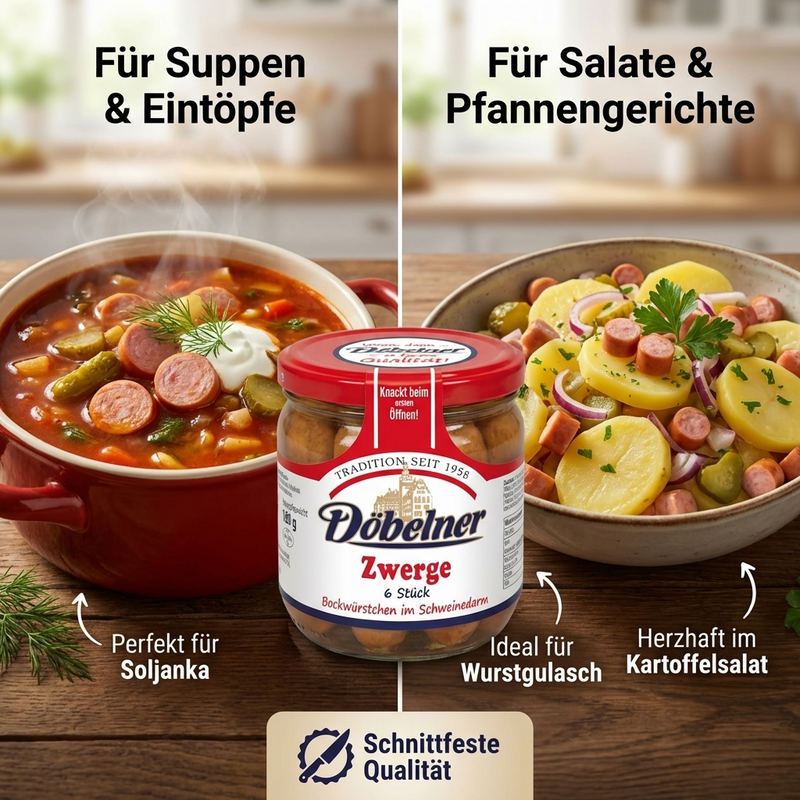 Döbelner Zwerge Bockwürstchen im Schweinedarm, 6 × 30 g, Abtropfgewicht 180 g – geräuchert, in klarer Lake