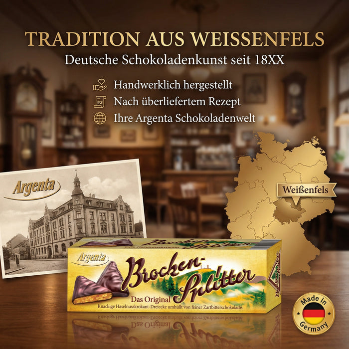 Argenta Brockensplitter mit Haselnuss – Knuspergenuss in Zartbitterform, 62,5 g