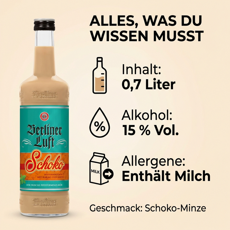 SCHILKIN Berliner Luft Schoko Likör 0,7 L – Frischer Pfefferminzlikör mit Sahne & Kakao 15% vol.