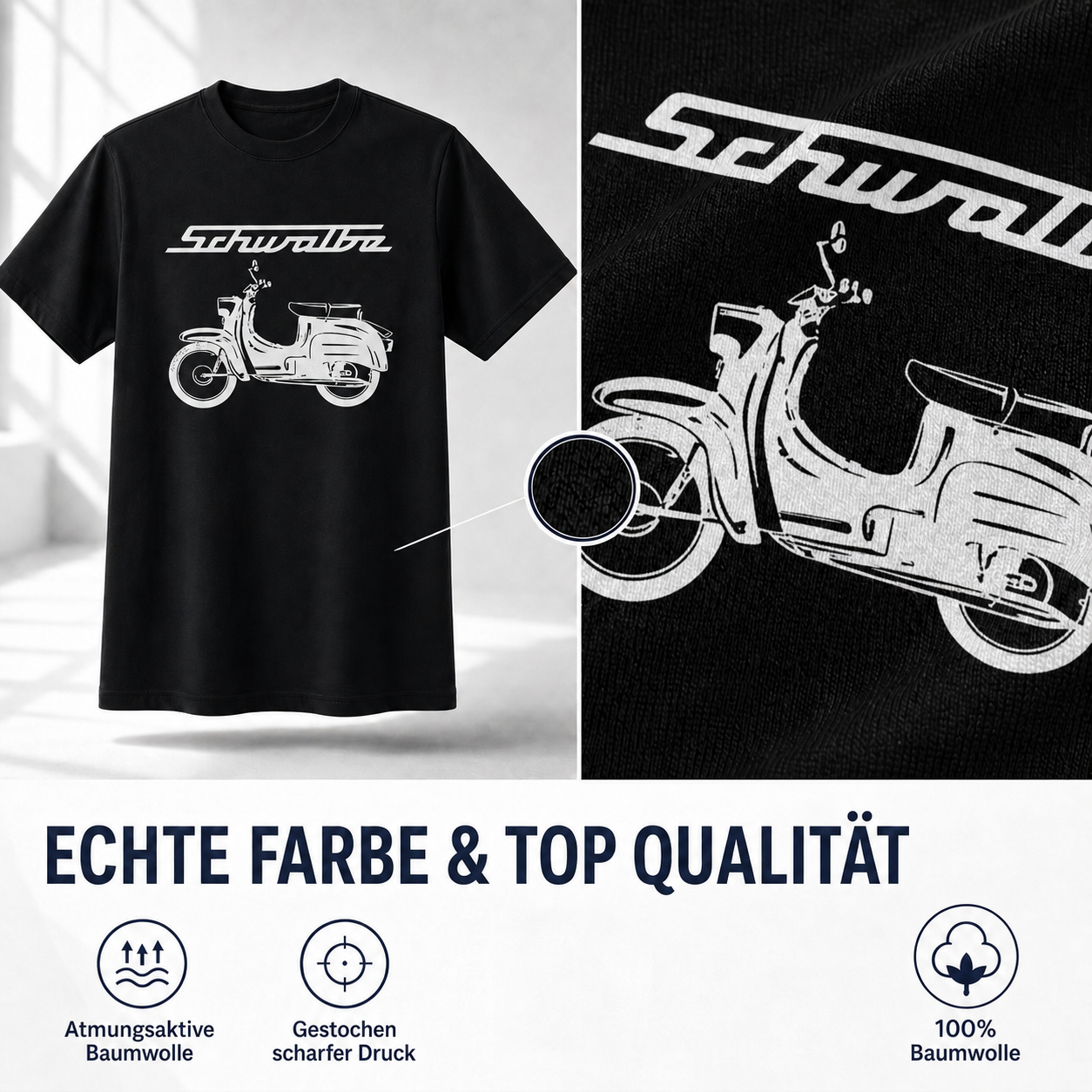 T-Shirt schwarz mit weißem Schwalbe-Logo & -Schriftzug - Unisex klassischer Schnitt - 100% Baumwolle