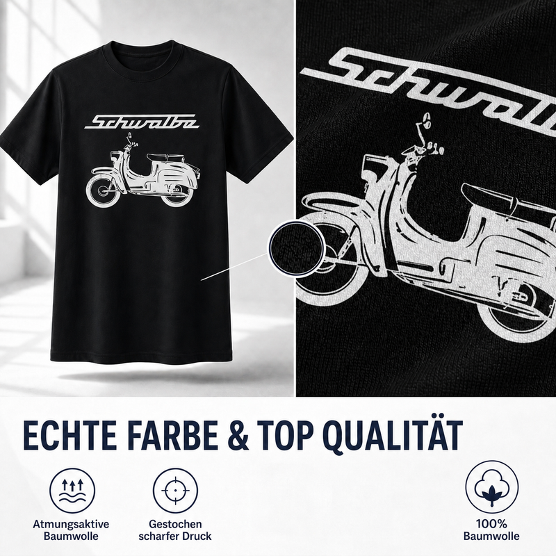 T-Shirt schwarz mit weißem Schwalbe-Logo & -Schriftzug - Unisex klassischer Schnitt - 100% Baumwolle