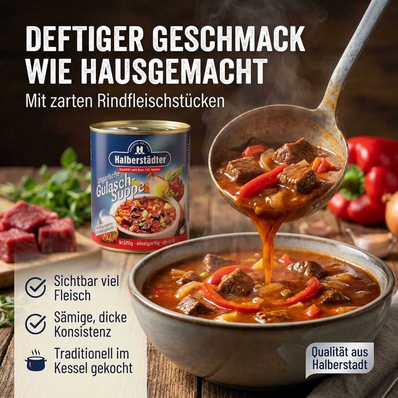 Halberstädter Ungarische Gulaschsuppe 800 ml – kräftige Suppe aus Rindfleisch & Gewürzen mild scharf, im Kessel gekocht