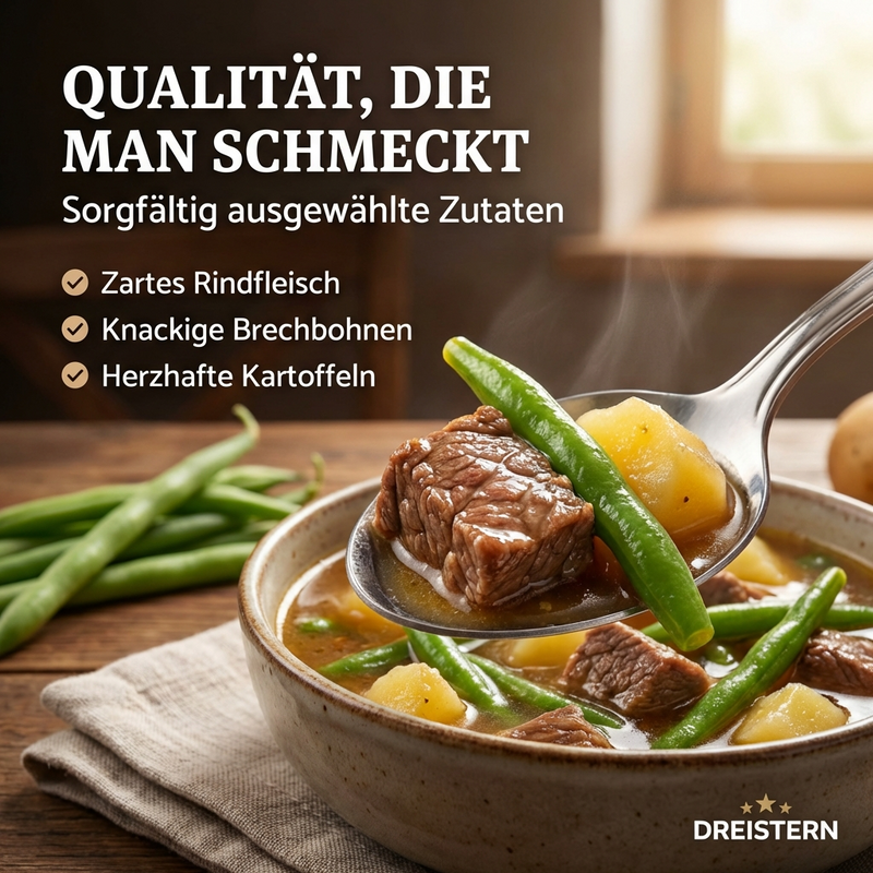 Dreistern Bohnentopf mit zartem Rindfleisch - Hausgemachter Eintopf grüne Bohnen - kurz erhitzen - fertig 800g
