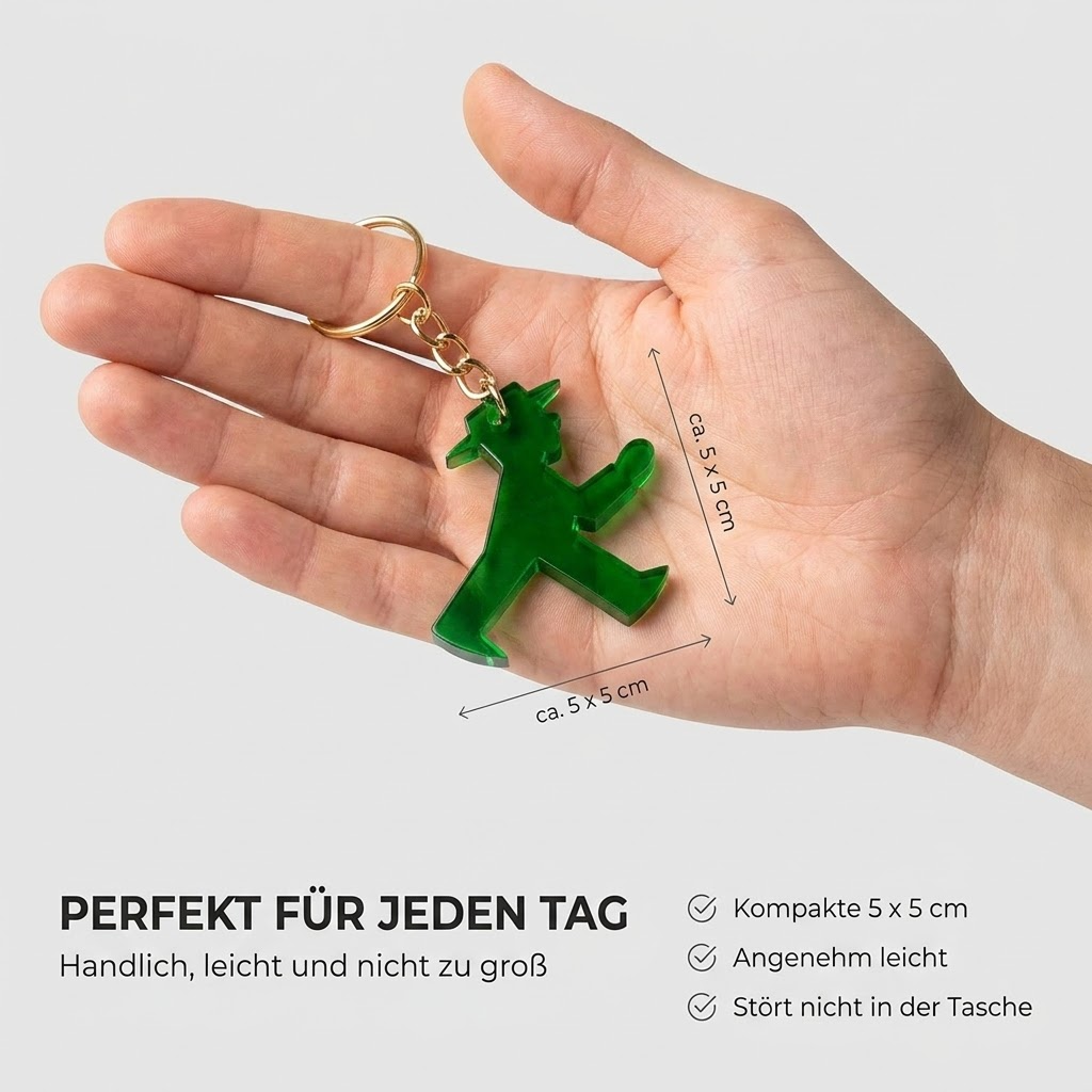 Grüner Schlüsselanhänger in Form des Ampelmännchen-Gehers mit Metallkette und Ring, Größe: 5x5x0,5 cm