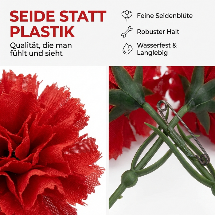 Nelke mit Sicherheitsnadel - rote Seide - zum 1. Mai, Muttertag, Frauentag