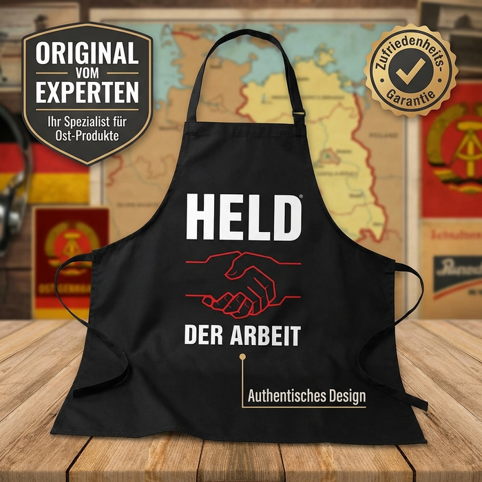 Koch- & Grillschürze „Held der Arbeit“, schwarz, 70×100 cm, Twill-Gewebe, mit zwei Taschen