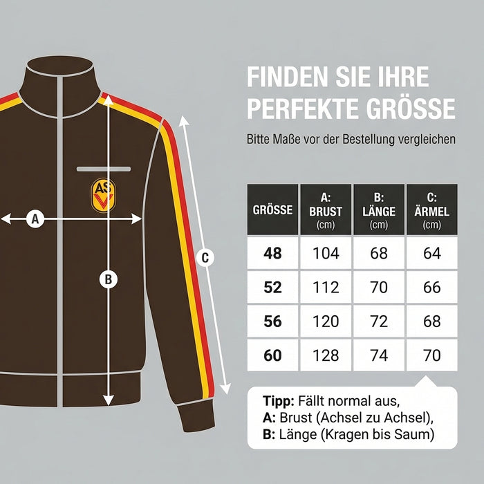 NVA Sportjacke ASV Vorwärts Repro – DDR Kult Trainingsjacke, braun, mit Reißverschluss & ASV-Aufnäher