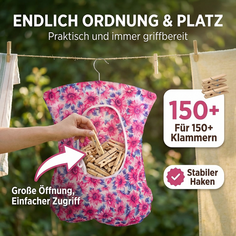Praktischer Klammerbeutel aus Dederon mit Holzbügel – bunt gemustert – 35x50 cm