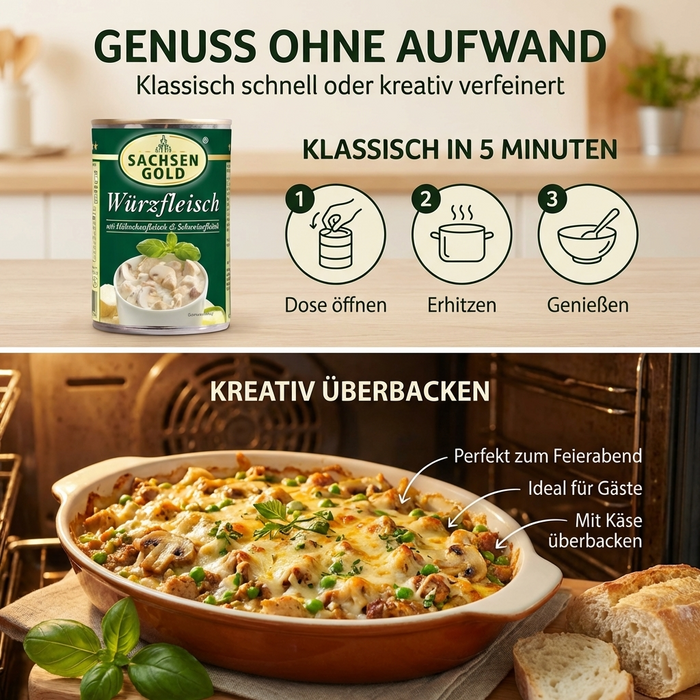 SachsenGold Würzfleisch in würziger, fein abgeschmeckter Sauce mit Hähnchen- & Schweinefleisch 400g