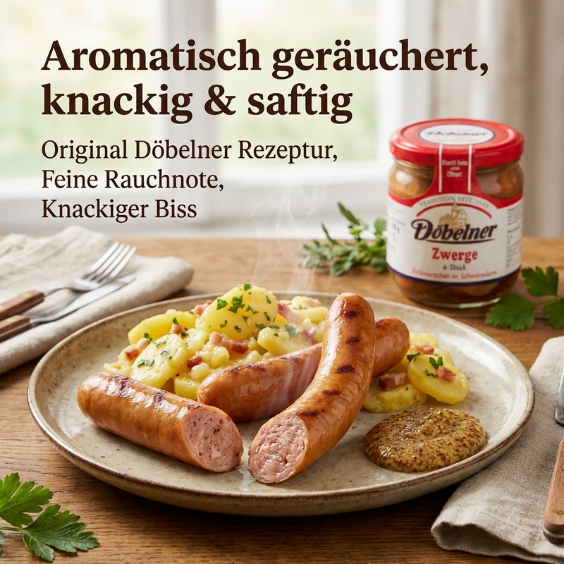 Döbelner Zwerge Bockwürstchen im Schweinedarm, 6 × 30 g, Abtropfgewicht 180 g – geräuchert, in klarer Lake