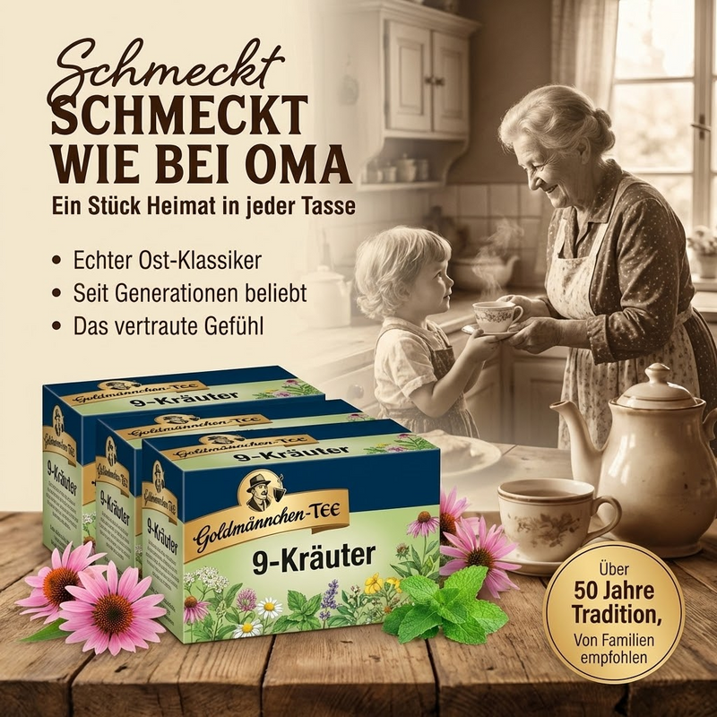 Goldmännchen Tee 9-Kräuter mit Echinacea – Kräutertee, 20 Teebeutel - angenehm würzig