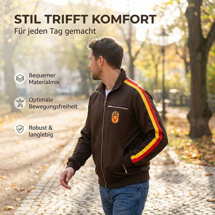 NVA Sportjacke ASV Vorwärts Repro – DDR Kult Trainingsjacke, braun, mit Reißverschluss & ASV-Aufnäher
